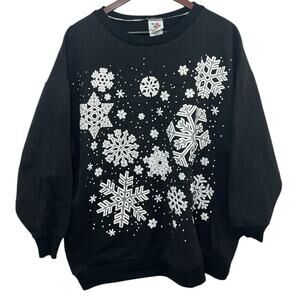 Vtg Snowflake Sweatshirt Black XL Christmas White Snowflakes Novelty Ugly Work